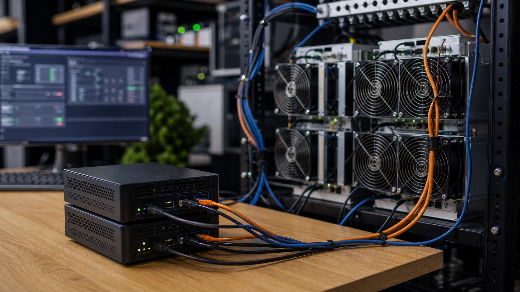 Mining-Hardware und zwei Node-Systeme fuer Merged Mining mit gemeinsamer Hashrate