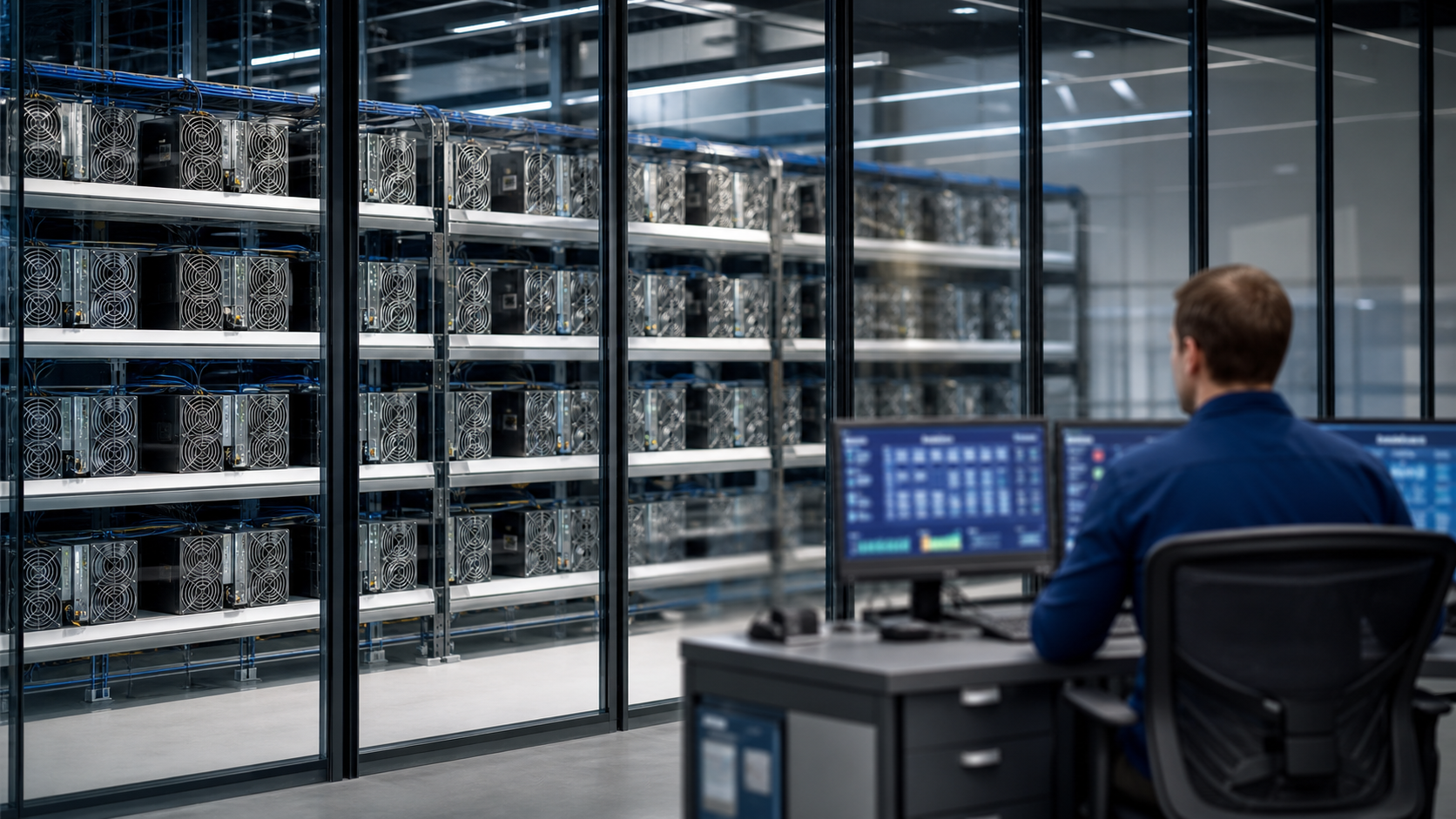 Professionelle Cloud-Mining-Infrastruktur mit Mining-Racks und Operations-Bereich