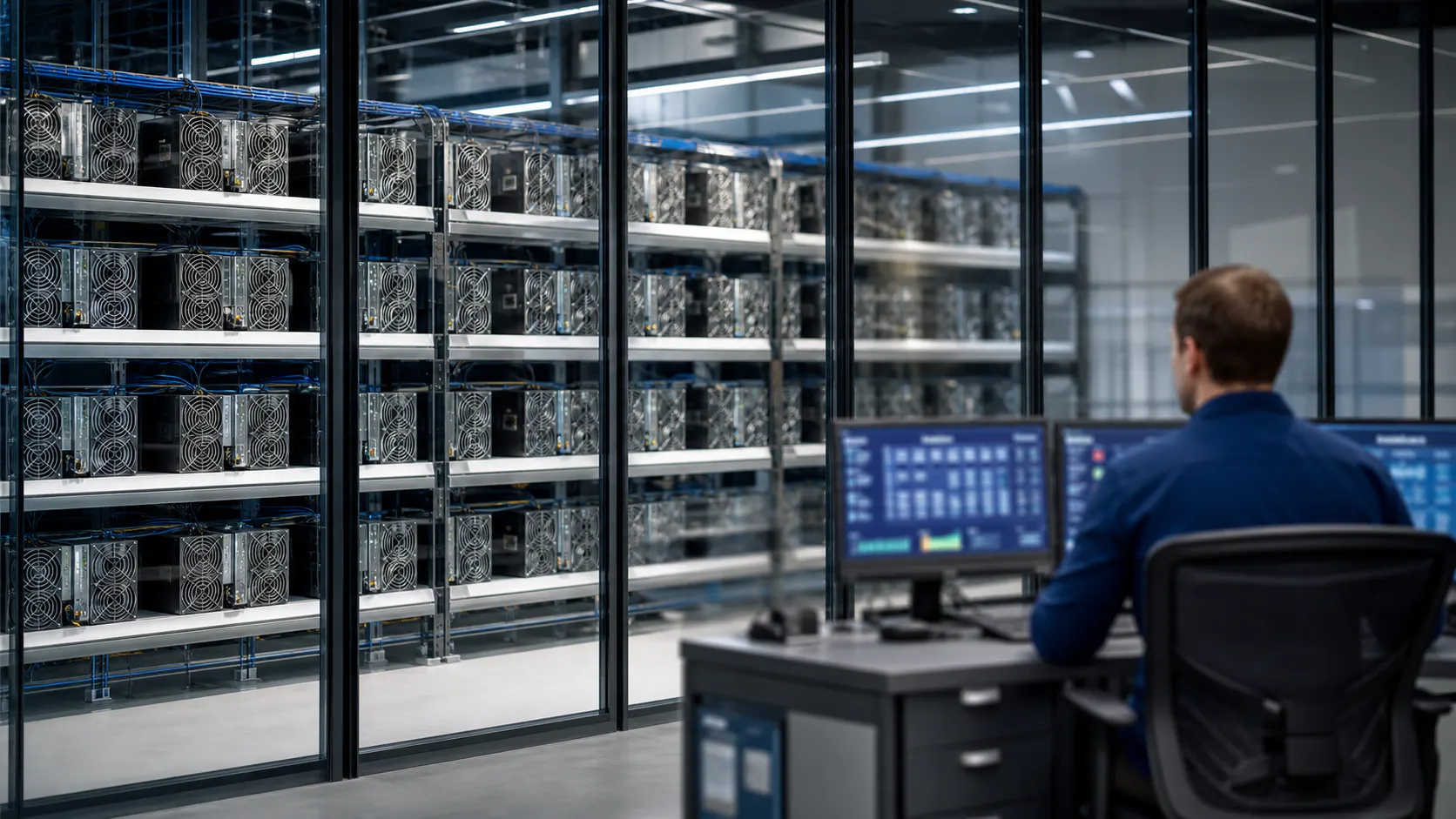 Professionelle Cloud-Mining-Infrastruktur mit Mining-Racks und Operations-Bereich
