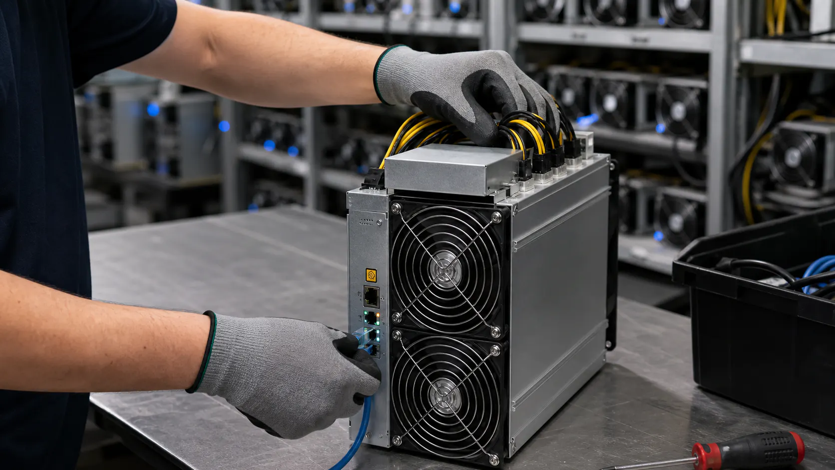 Techniker bereitet einen gemieteten Bitcoin Miner fuer das Hosting vor
