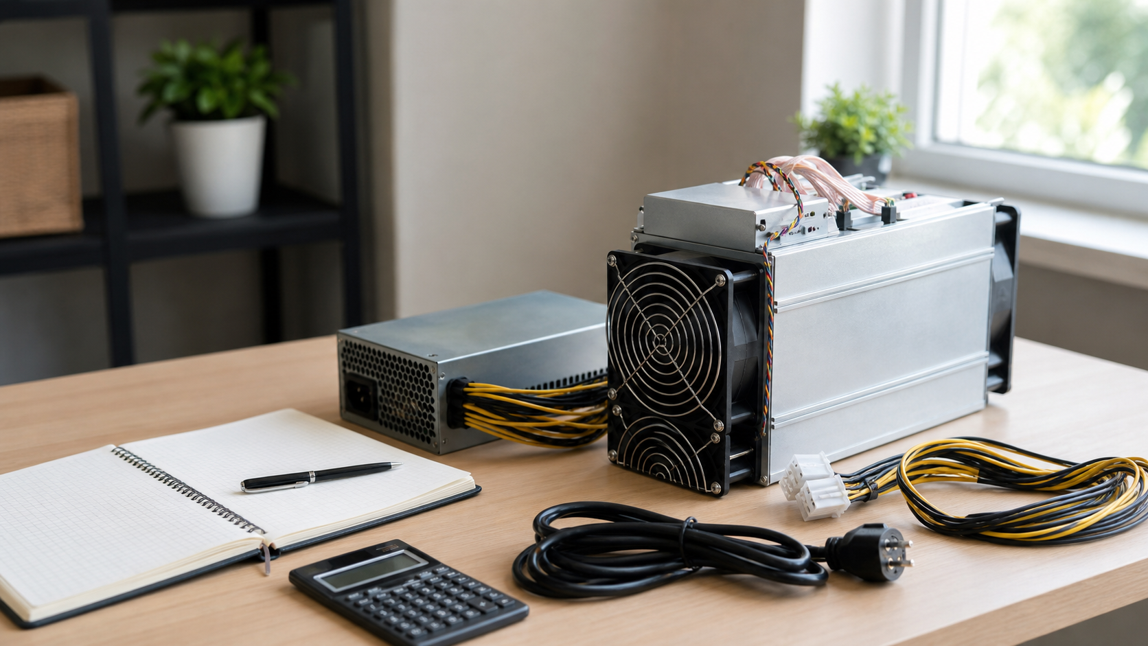 Einsteiger-Setup fuer Bitcoin Mining mit ASIC-Miner und Planung am Schreibtisch
