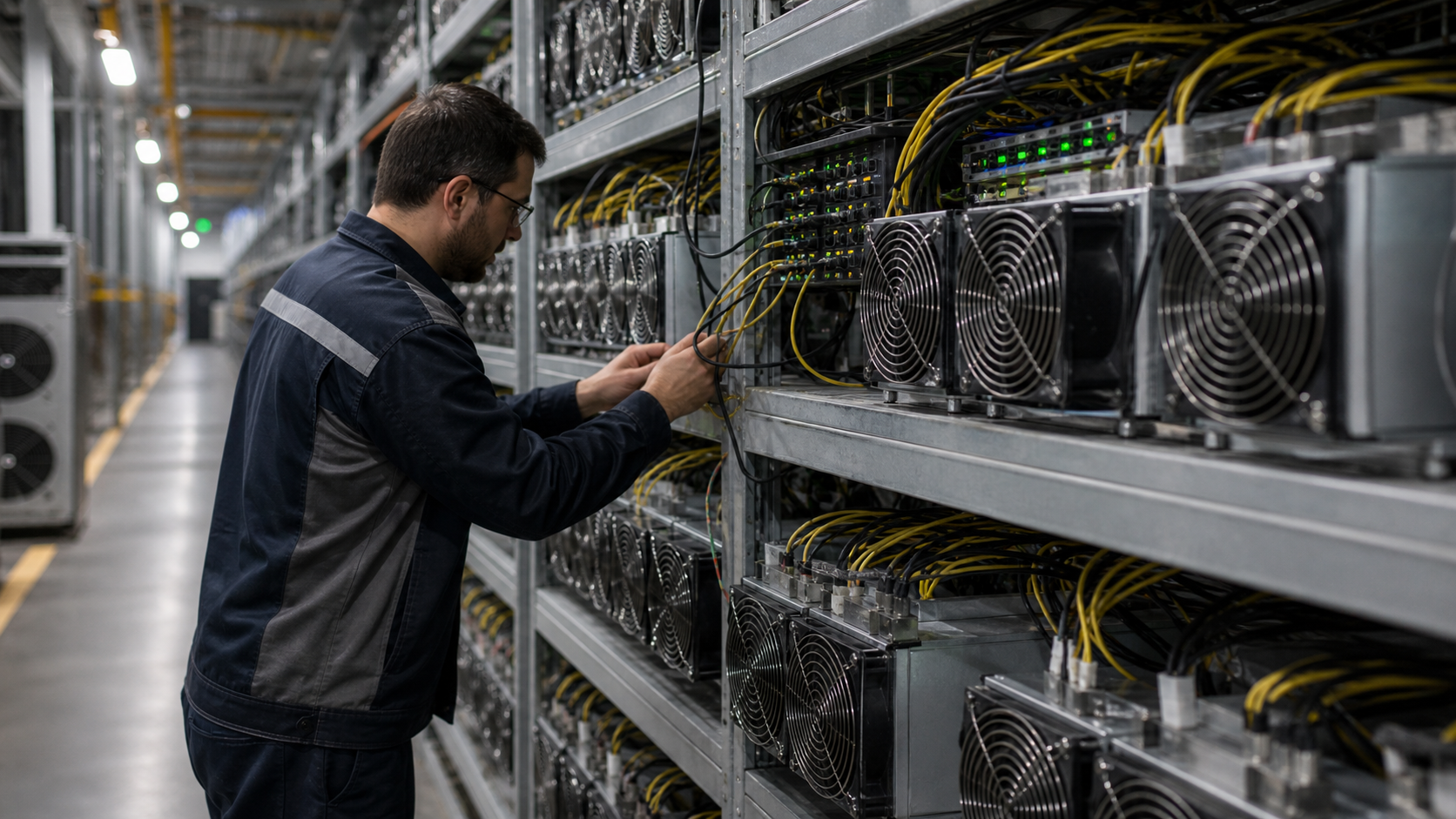 Bitcoin Mining Hardware mit Netzwerk- und Stromverkabelung in einem Rechenzentrum