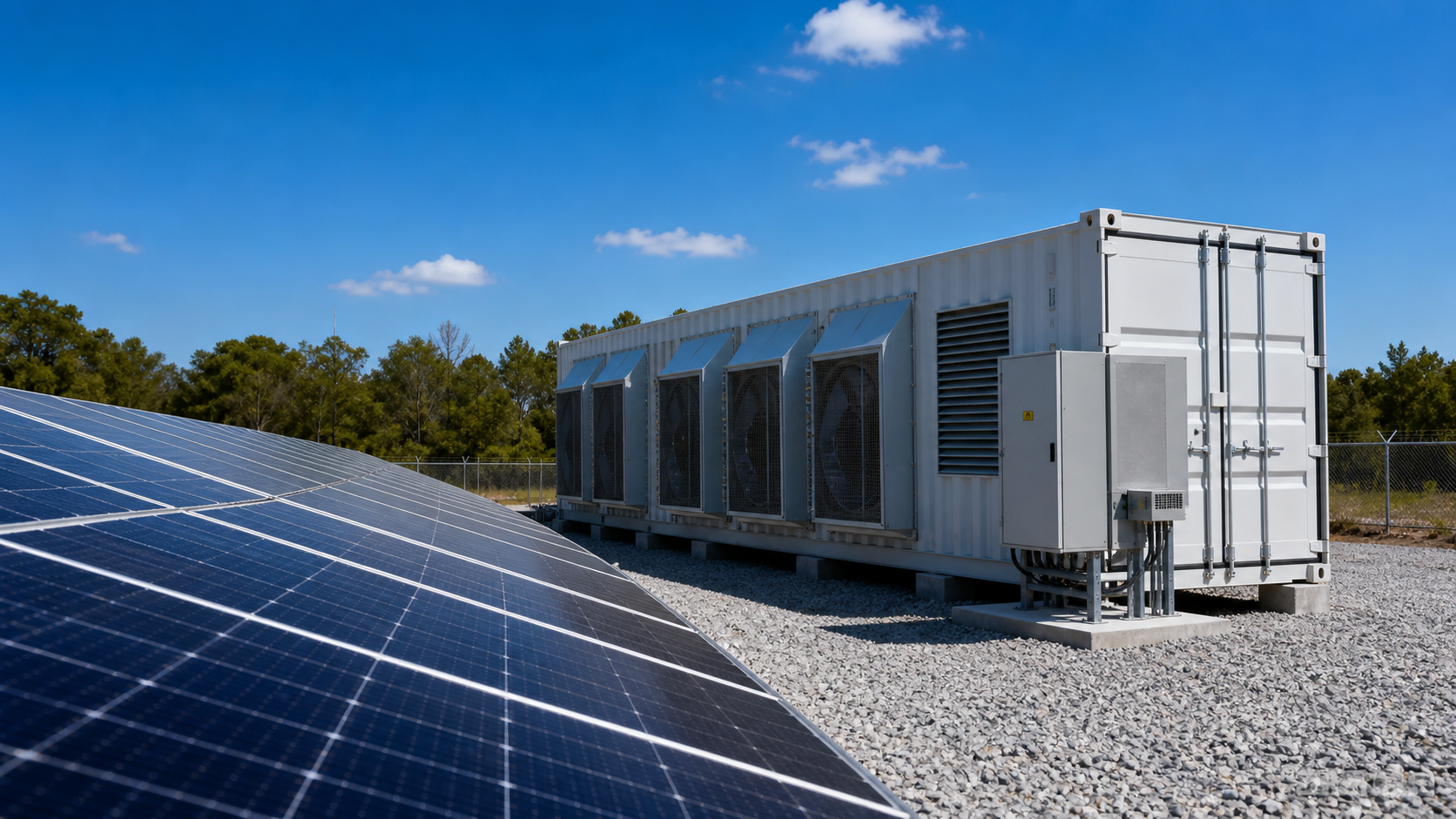 Bitcoin Mining Container neben Photovoltaikanlage mit industrieller Strominfrastruktur