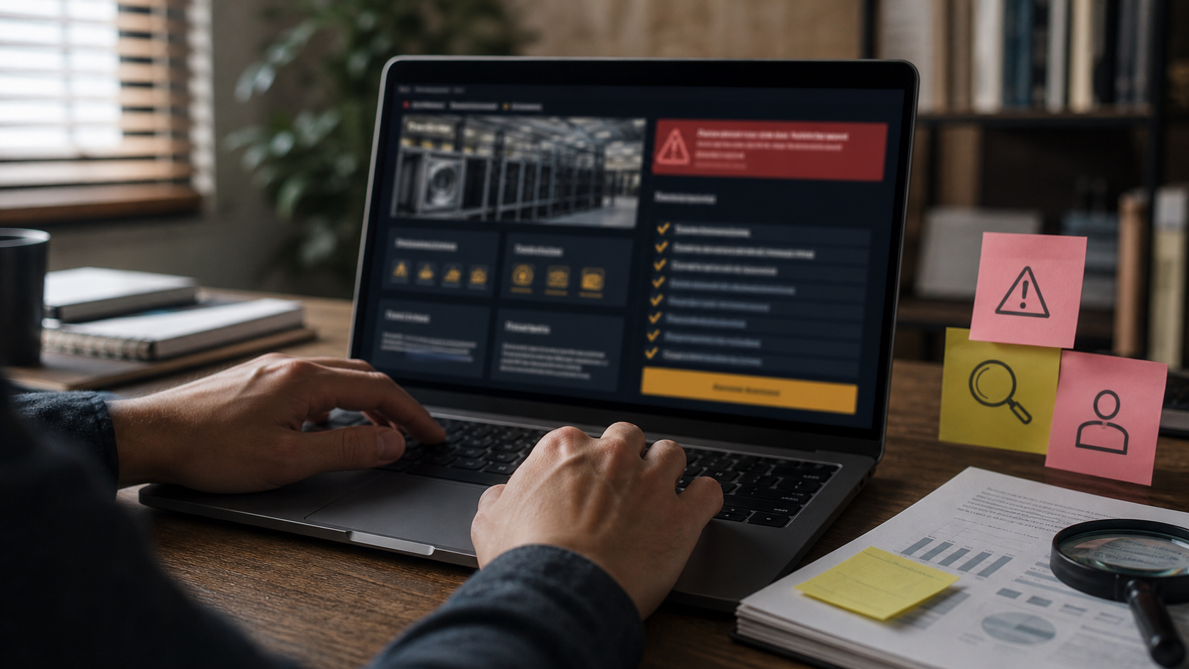 Pruefung eines unserioesen Mining-Angebots am Laptop mit Unterlagen