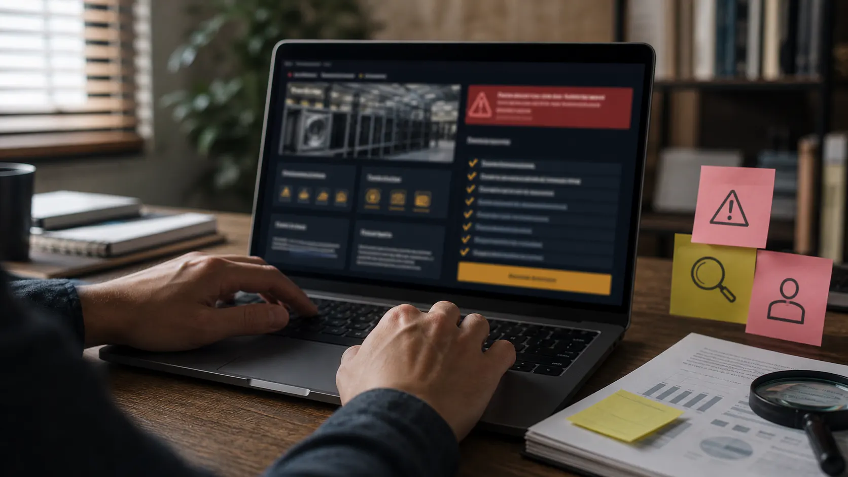 Pruefung eines unserioesen Mining-Angebots am Laptop mit Unterlagen