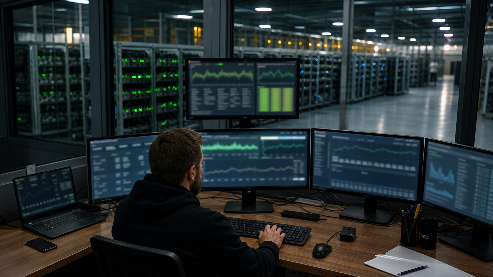 Mining Farm Management Arbeitsplatz mit Monitoren und Mining-Racks im Hintergrund
