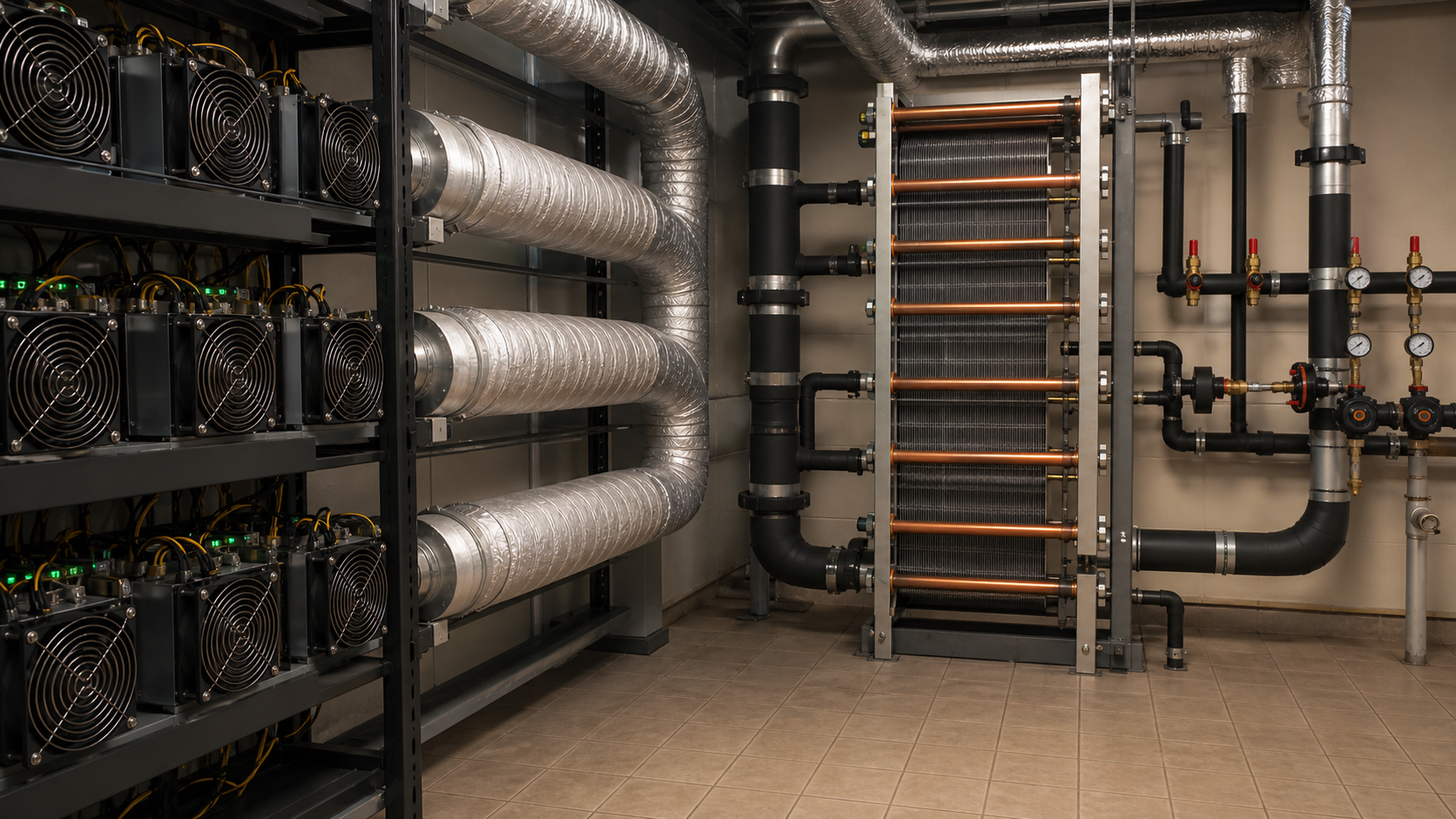 Bitcoin Mining Anlage mit Waermerueckgewinnung ueber Lueftungs- und Rohrsysteme