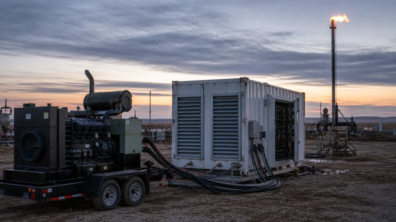 Mobiler Bitcoin Mining Container mit Generator auf einem Gasfeld bei Daemmerung