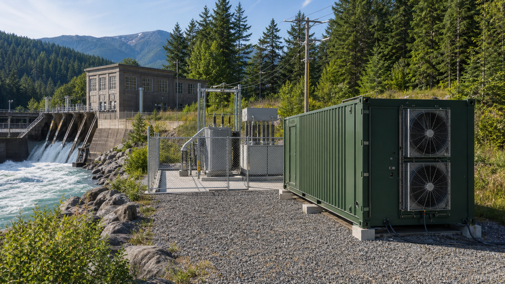 Bitcoin Mining Container an einer Anlage fuer erneuerbare Energie