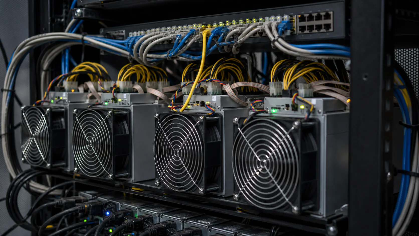 ASIC-Miner mit Stromkabeln und Netzwerktechnik als Beispiel fuer Bitcoin Mining