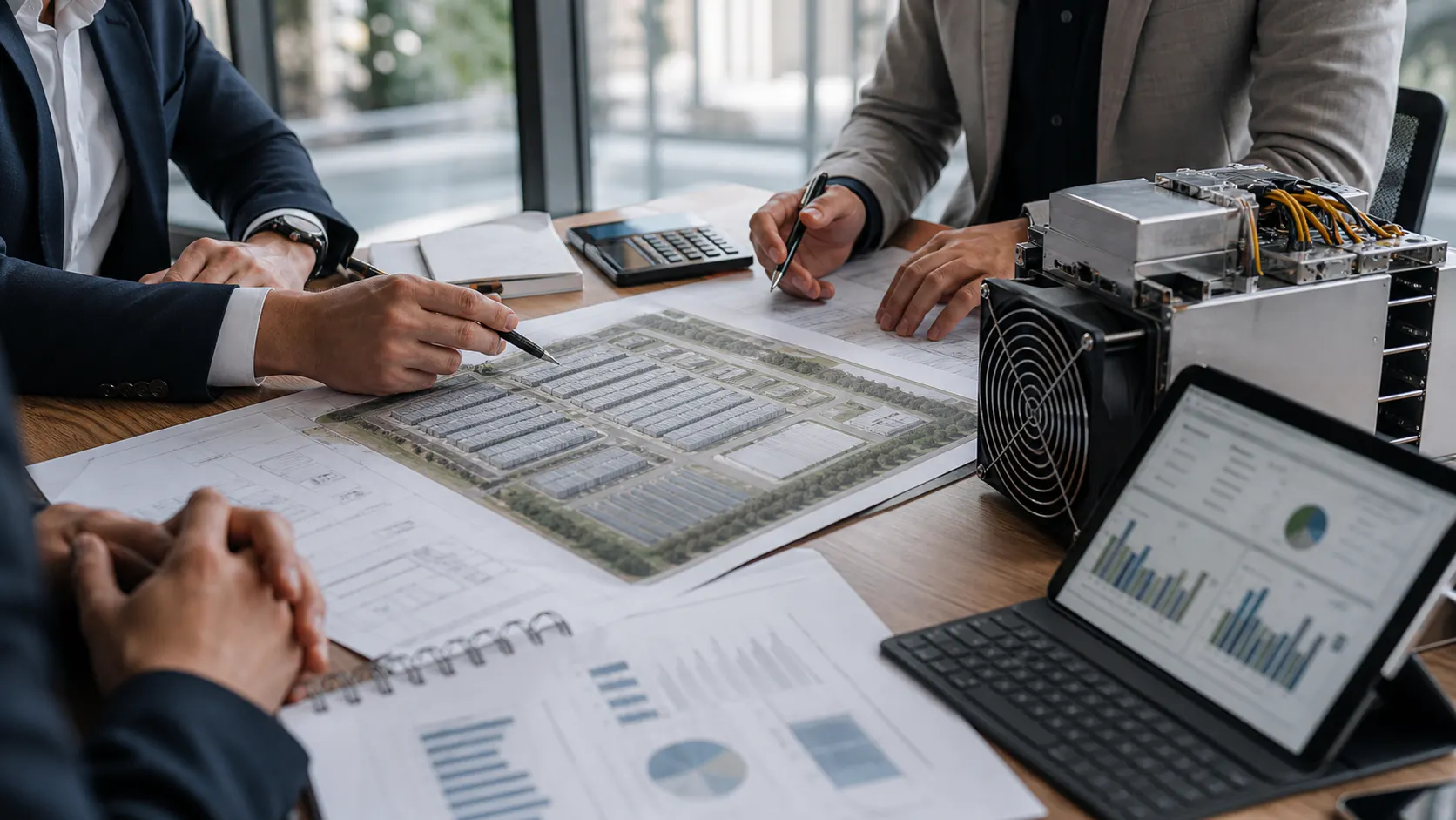 Investoren pruefen Plaene fuer Bitcoin Mining Infrastruktur mit Hardware-Muster