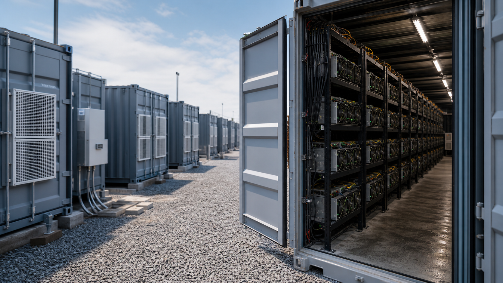 Geoeffneter Mining Container mit Racks als Beispiel fuer Managed Mining Hosting