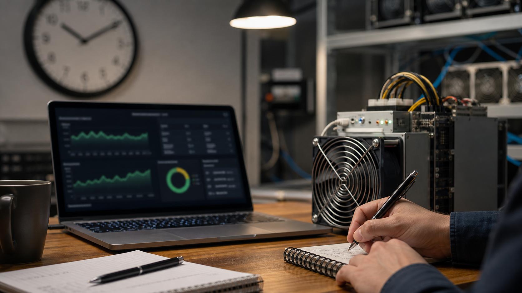 Mining-Arbeitsplatz mit ASIC-Miner und Uhr zur Planung der Mining-Dauer
