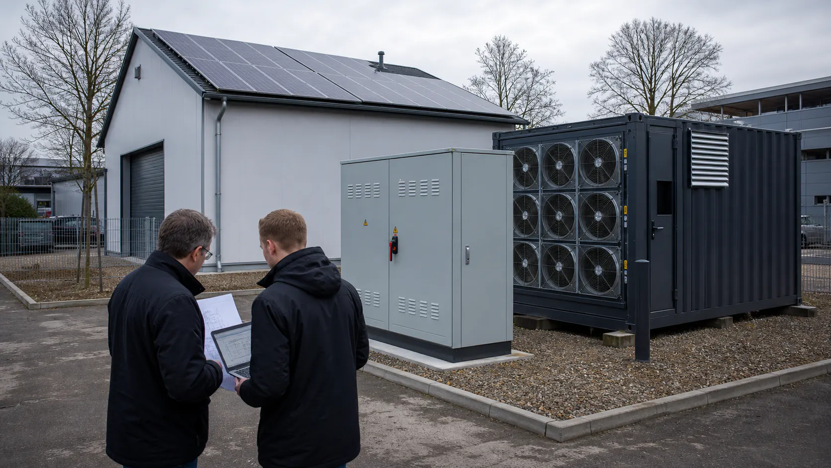 Mining Container an einem deutschen Gewerbestandort mit Strom- und Solarinfrastruktur