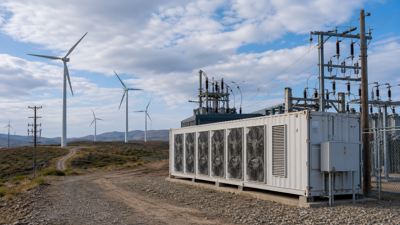 Mining Container und Umspanntechnik in der Naehe eines Windparks