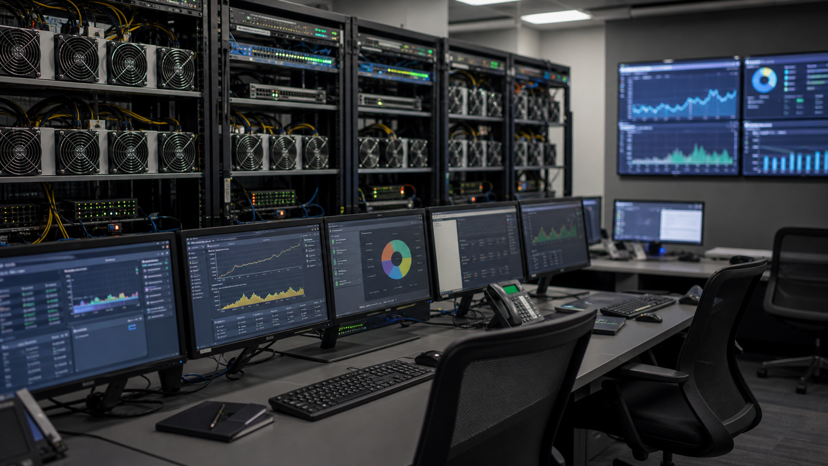 Mining Kontrollraum mit Racks und gemeinsamem Operations-Arbeitsplatz