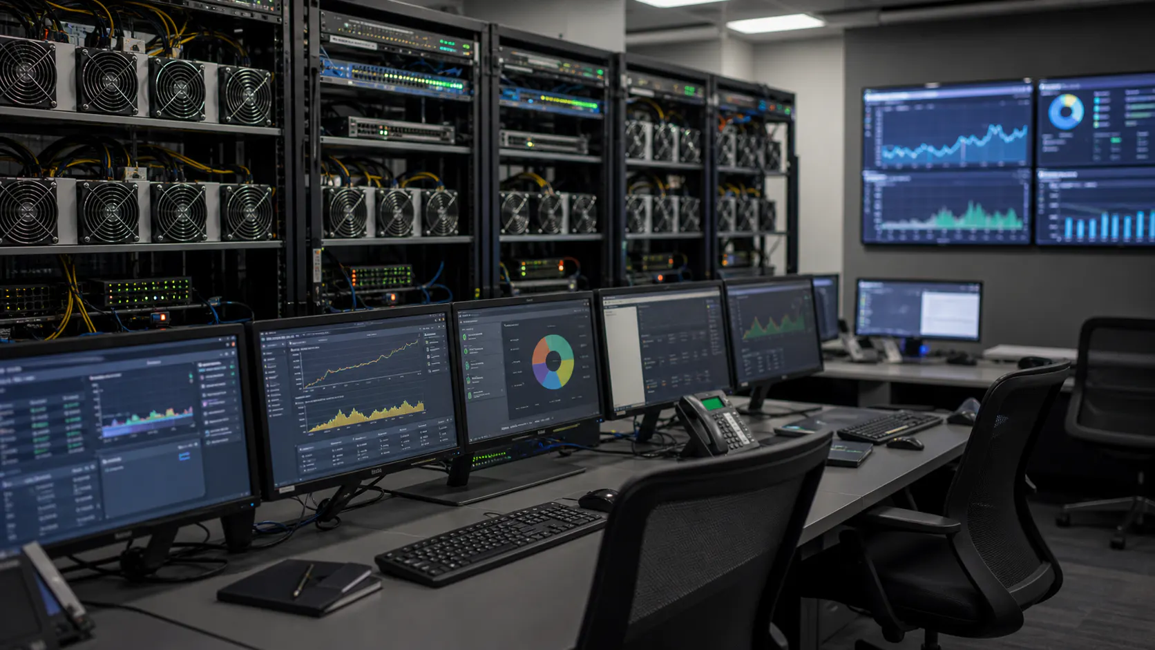 Mining Kontrollraum mit Racks und gemeinsamem Operations-Arbeitsplatz