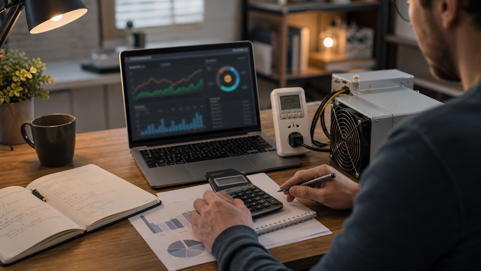 Rentabilitaetsplanung fuer passives Einkommen durch Bitcoin Mining am Schreibtisch