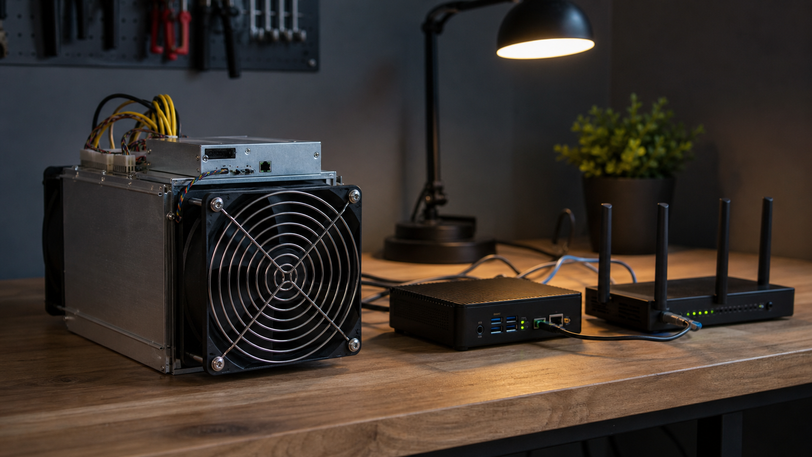 Ein einzelner ASIC-Miner mit Node und Router fuer Bitcoin Solo Mining