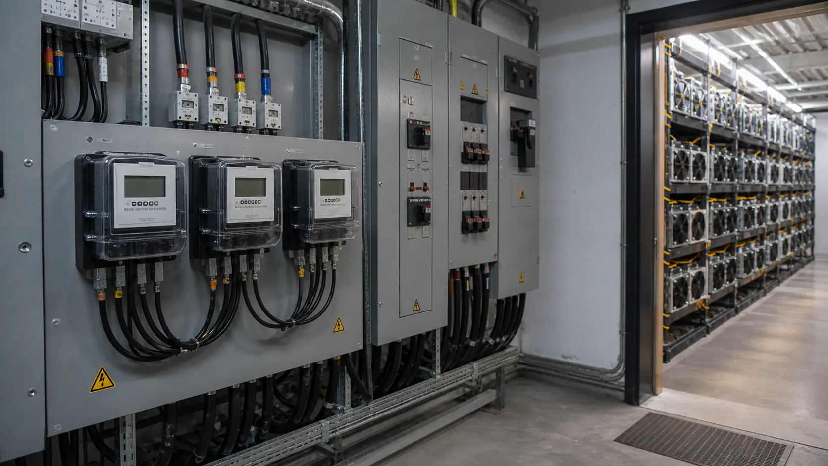 Elektroraum mit Stromverteilung und Mining-Racks fuer den Verbrauch von Bitcoin Mining
