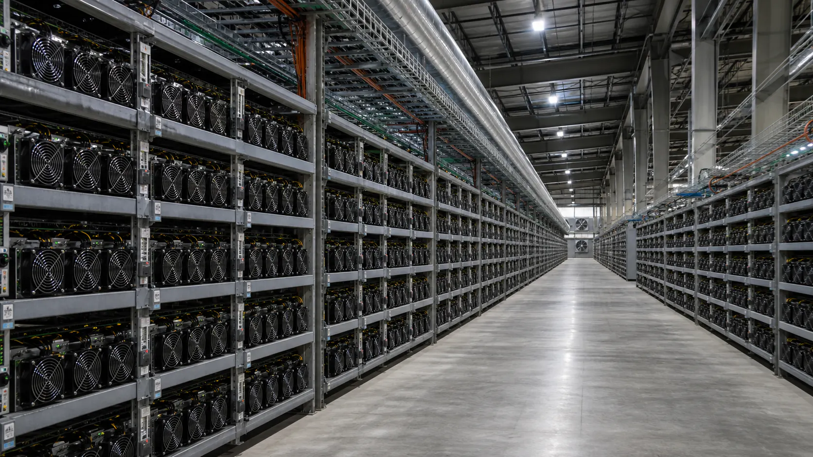 Lange Reihen von ASIC-Minern in einer professionellen Mining Farm
