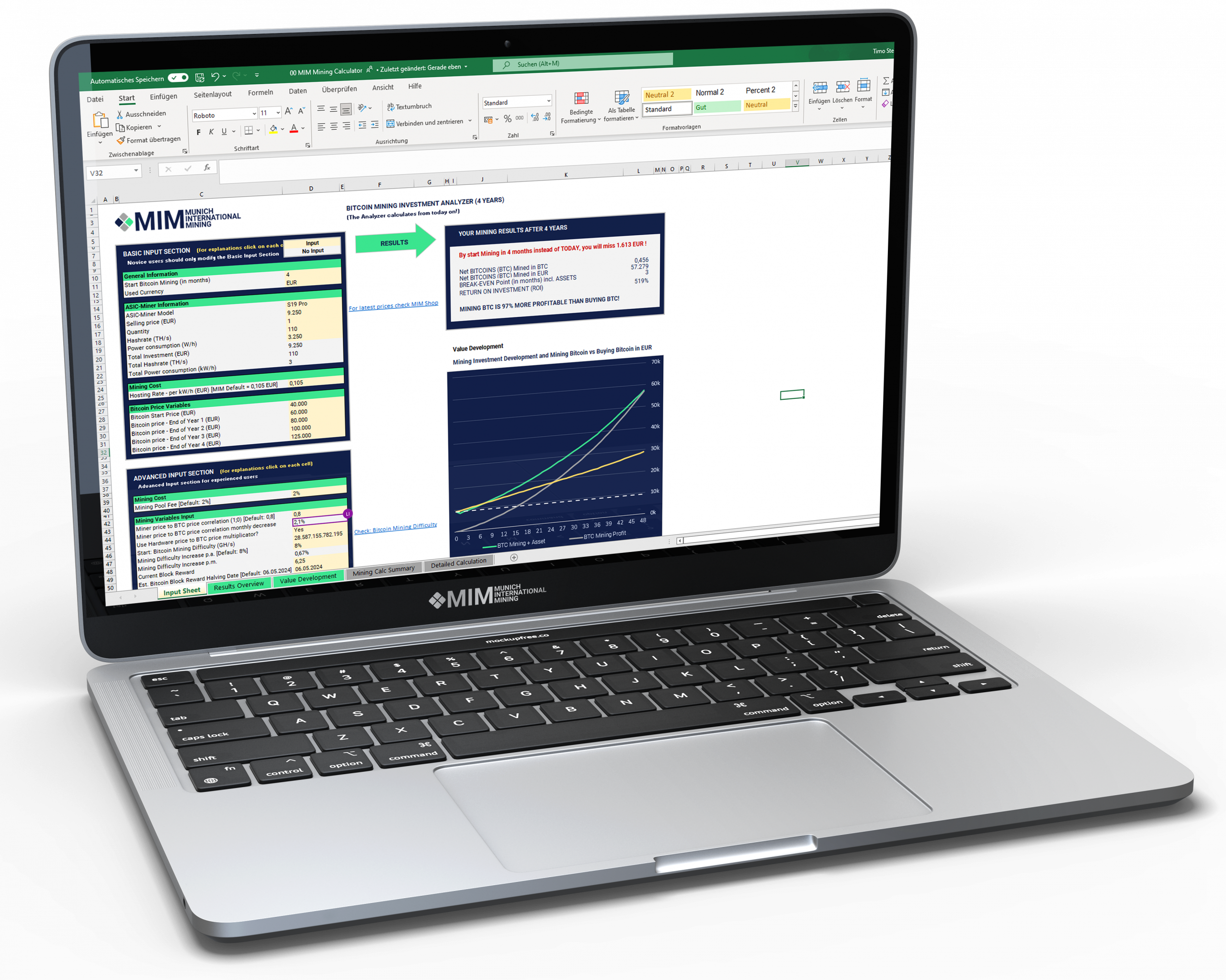 MIM Bitcoin Mining Calculator shown on a laptop
