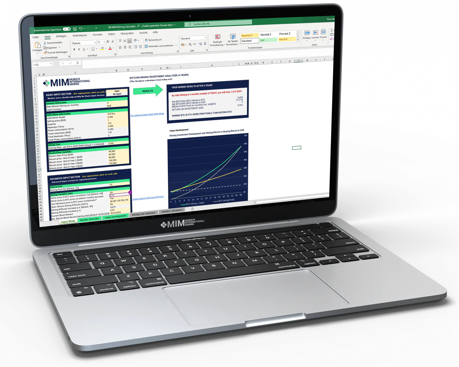 MIM Bitcoin Mining Calculator shown on a laptop