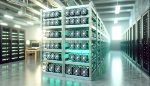 A photo of a mining farm data center in a clean, urban environment. The image features a rack with ASIC miners in the background