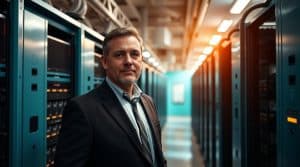 smart business man standing in a mining farm being proud of his bitcoin mining investment