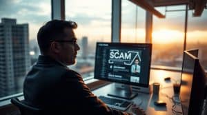 Man looking on screen showing a bitcoin mining scam